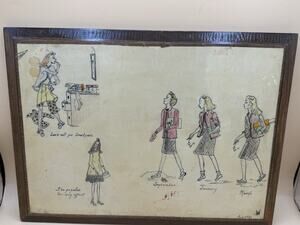 Original 1941 Framed Cartoon Illustration Schoolgirl Humor Art Signed A West